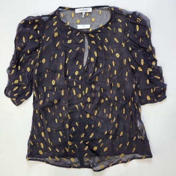 FRAME NWT Shirred Keyhole Top Womens XS in Noir Metallic Gold Sheer Lightweight - Picture 8 of 11